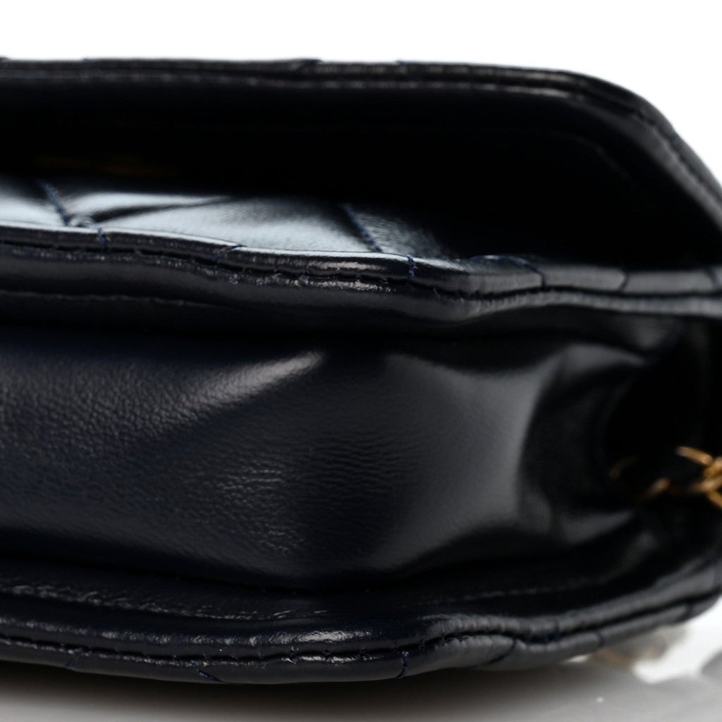 Shiny Lambskin Quilted Extra Mini Flap Navy Blue