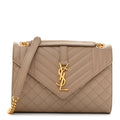 Grain De Poudre Textured Mixed Matelasse Medium Triquilt Monogram Satchel Dark Beige