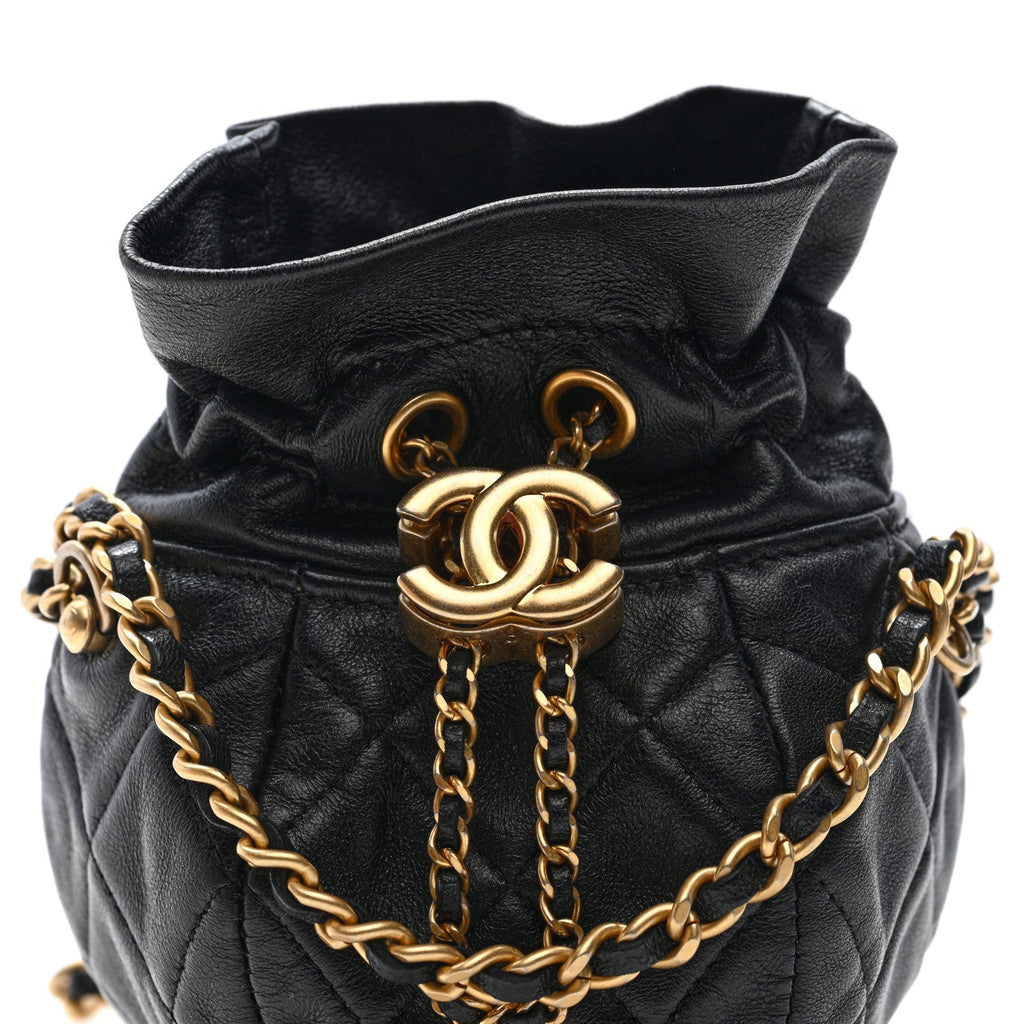 Shiny Lambskin Quilted Mini Drawstring CC Bucket Bag Black