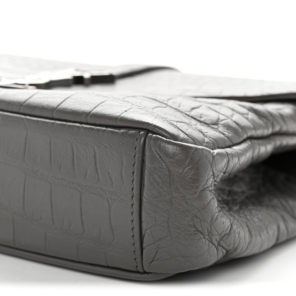 Calfskin Crocodile Embossed Medium College Monogram Satchel Gray