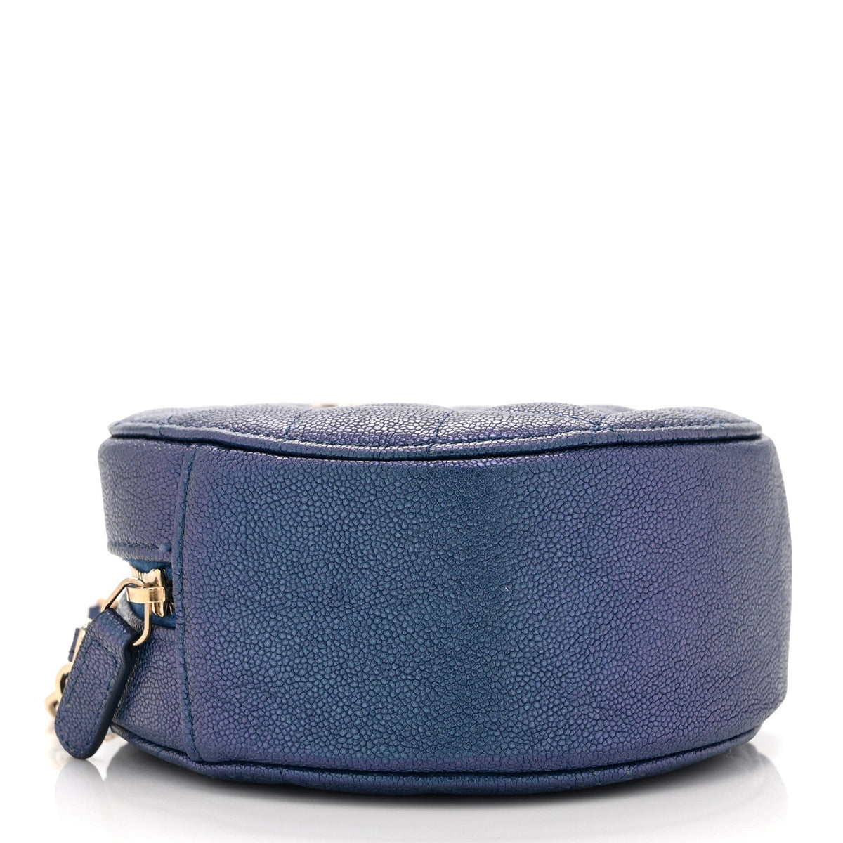 Iridescent Caviar Quilted Round Clutch With Chain Blue