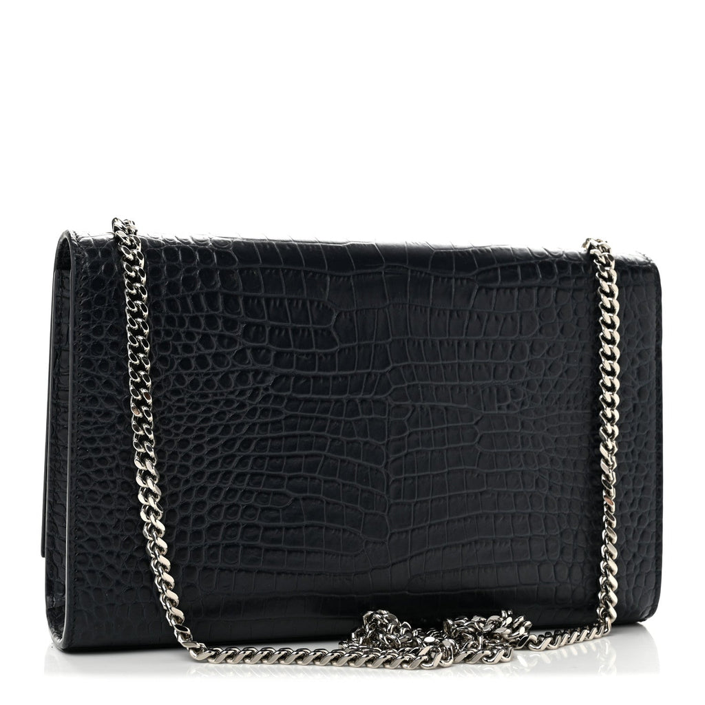 Calfskin Crocodile Embossed Medium Classic Monogram Kate Tassel Satchel Deep Marine