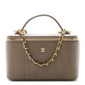 Calfskin Lizard Embossed Top Handle Vanity With Chain Dark Khaki