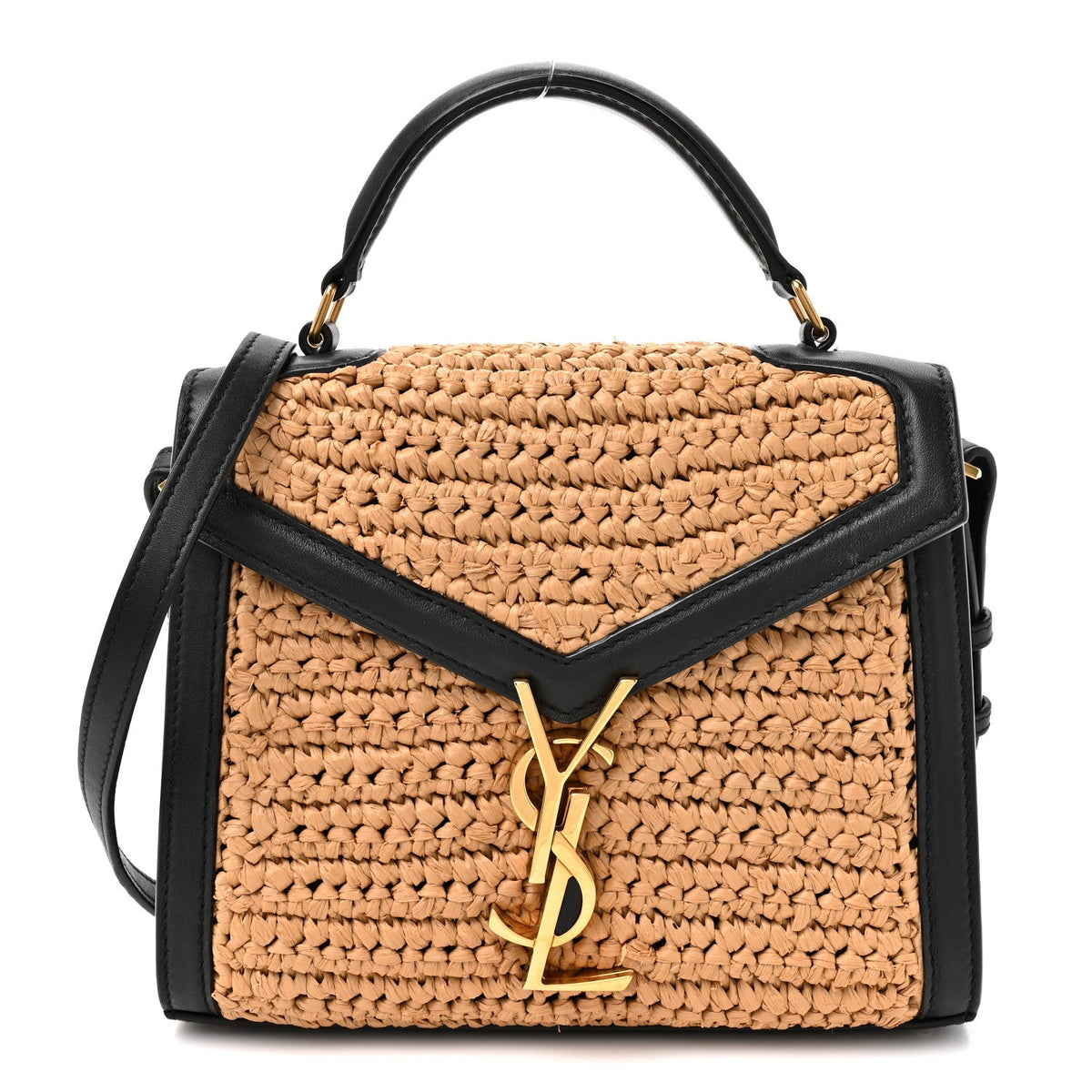 Raffia Calfskin Mini Classic Monogram Cassandra Top Handle Black Natural