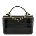 Calfskin Crocodile Embossed Crococo Small Top Handle Vanity Case With Chain Black