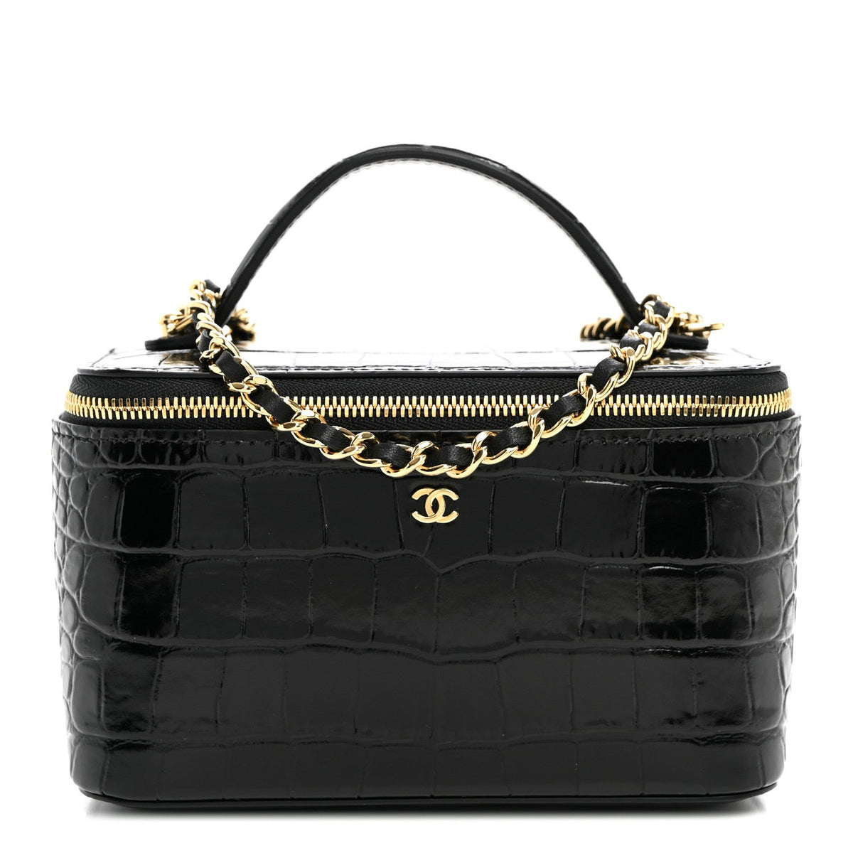 Calfskin Crocodile Embossed Crococo Small Top Handle Vanity Case With Chain Black