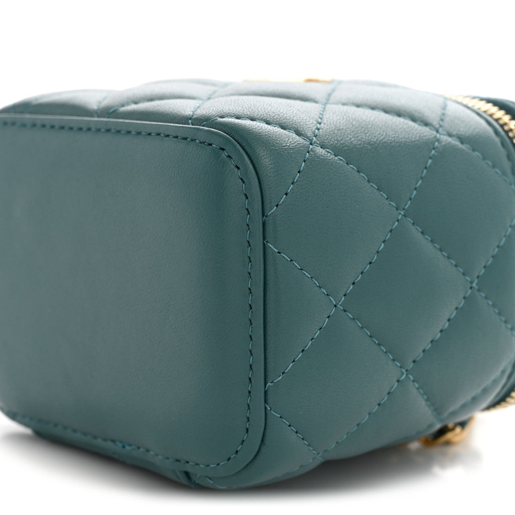 Lambskin Quilted Top Handle Mini Vanity Case With Chain Green