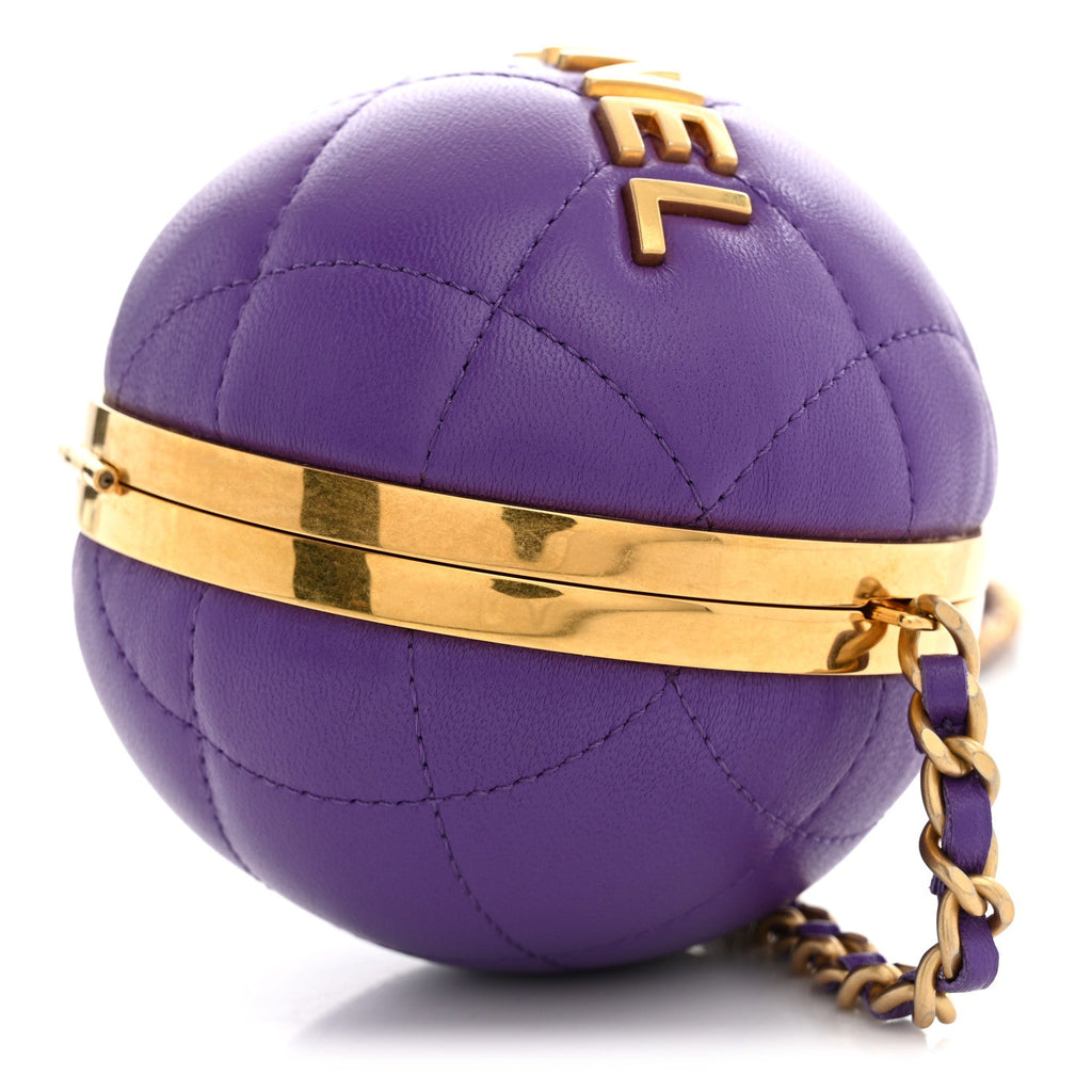 Lambskin Quilted Sphere Minaudiere Chain Clutch Purple