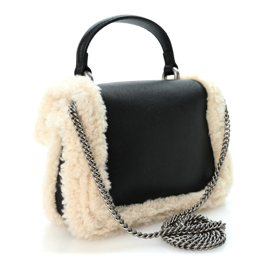 Sakai Be Green Calfskin Shearling Mini Dionysus Top Handle Bag Black