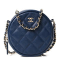 Caviar Quilted Round Clutch With Chain Navy