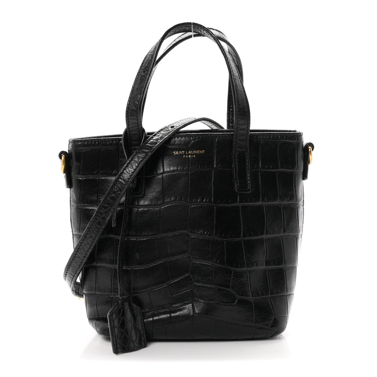 Calfskin Crocodile Embossed Paris Mini Toy Shopper Tote Black