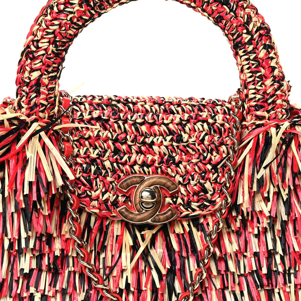 Raffia Fringe Nano Kelly Shopper Red Beige Black