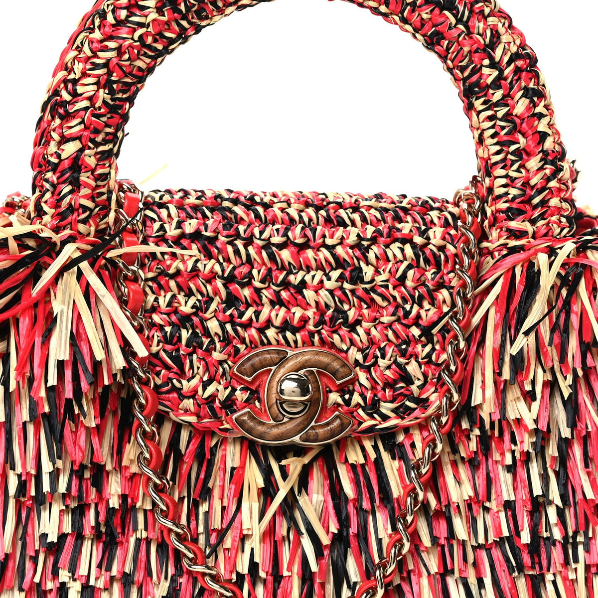 Raffia Fringe Nano Kelly Shopper Red Beige Black