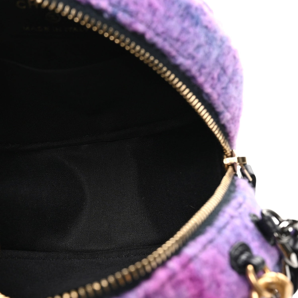 Wool Tweed Chanel 19 Round Clutch With Chain Purple Black Blue