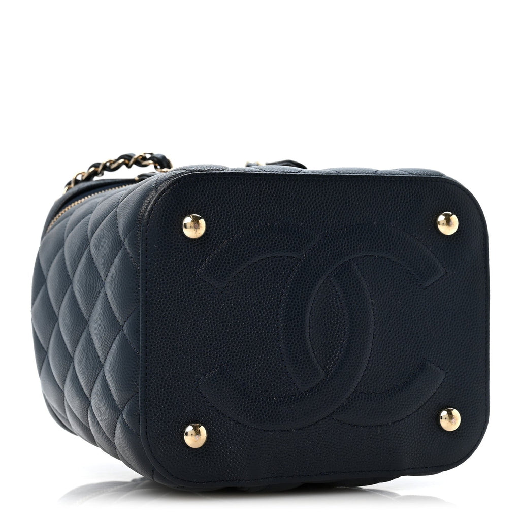 Caviar Quilted Small Top Handle Vanity Case With Chain Navy Blue