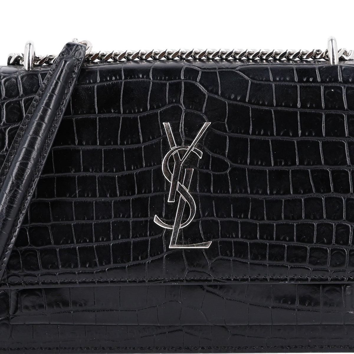 Calfskin Crocodile Embossed Monogram Sunset Chain Wallet Black