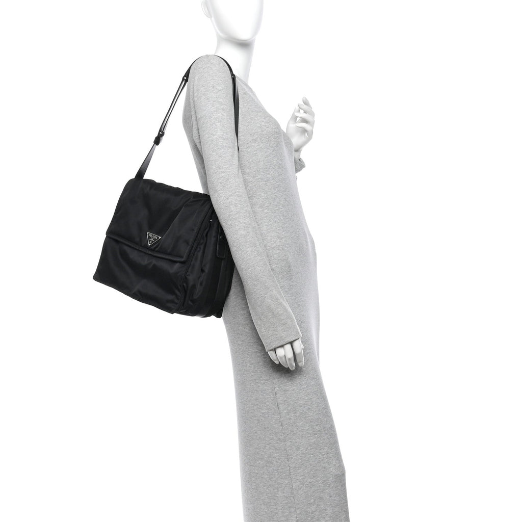 Re-Nylon Vitello Padded Large Traveler Flap Shoulder Bag Black