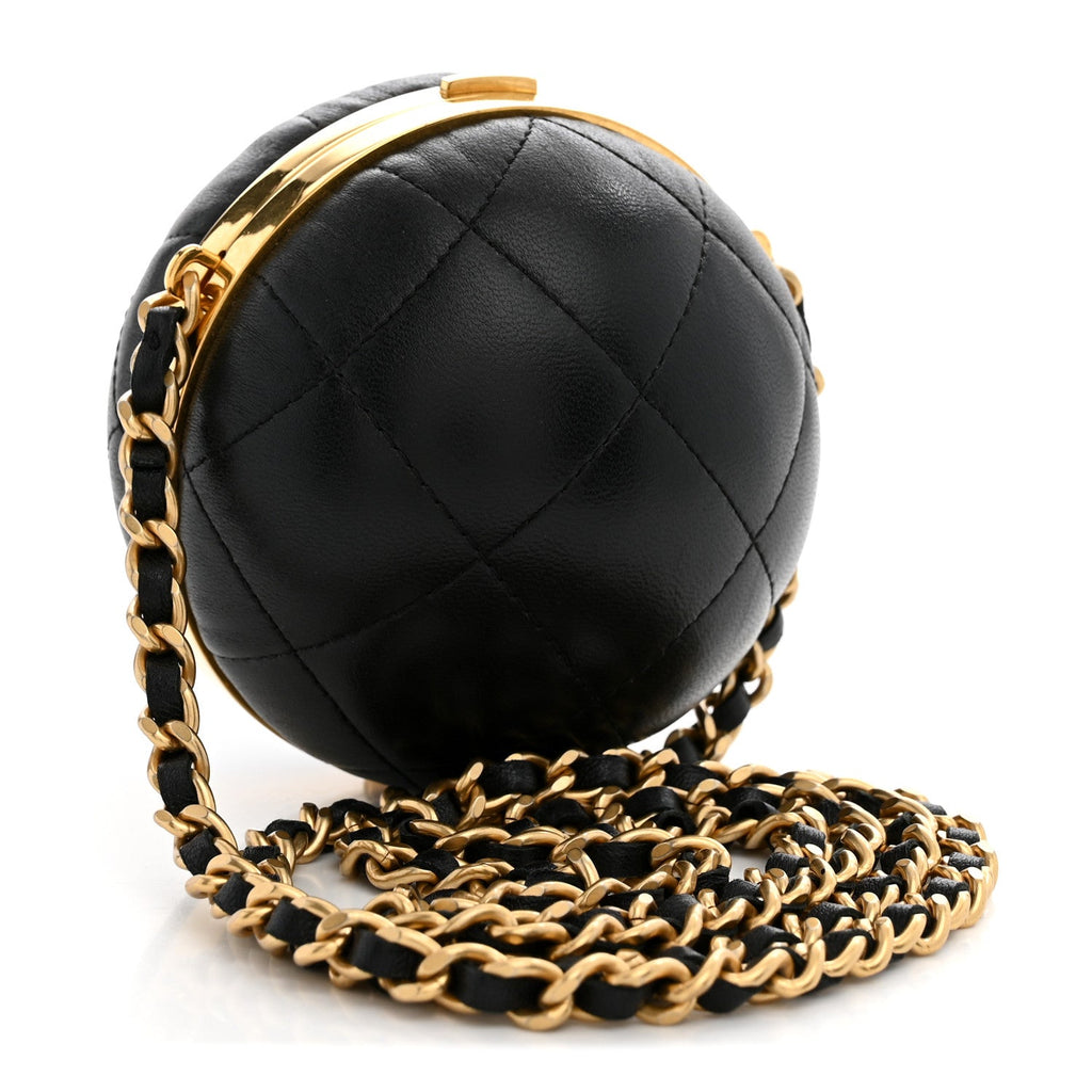 Lambskin Quilted Sphere Minaudiere Chain Clutch Black