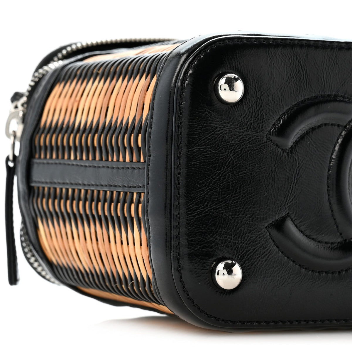 Calfskin Raffia Small Vanity Case Bag Black Beige