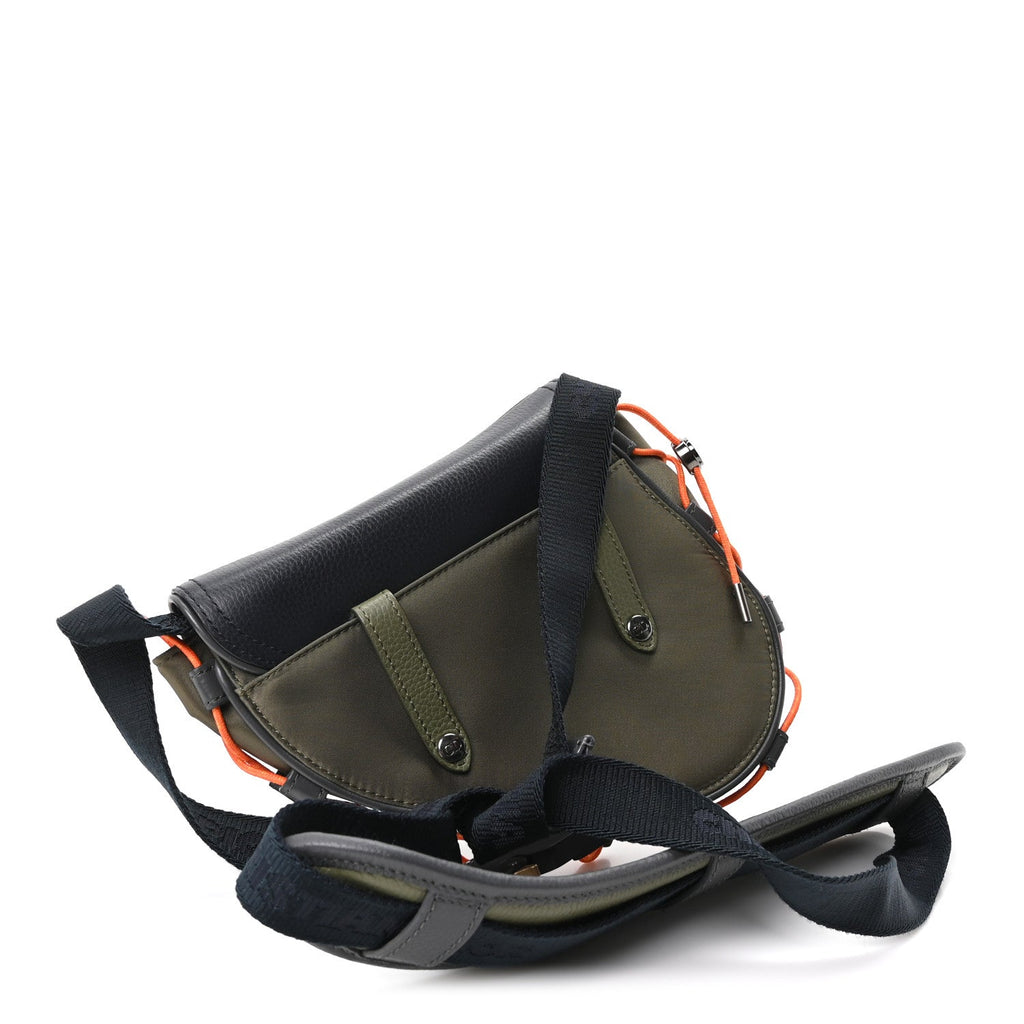 X SACAI Grained Calfskin Technical Fabric Mens Saddle Bag Olive Navy Blue