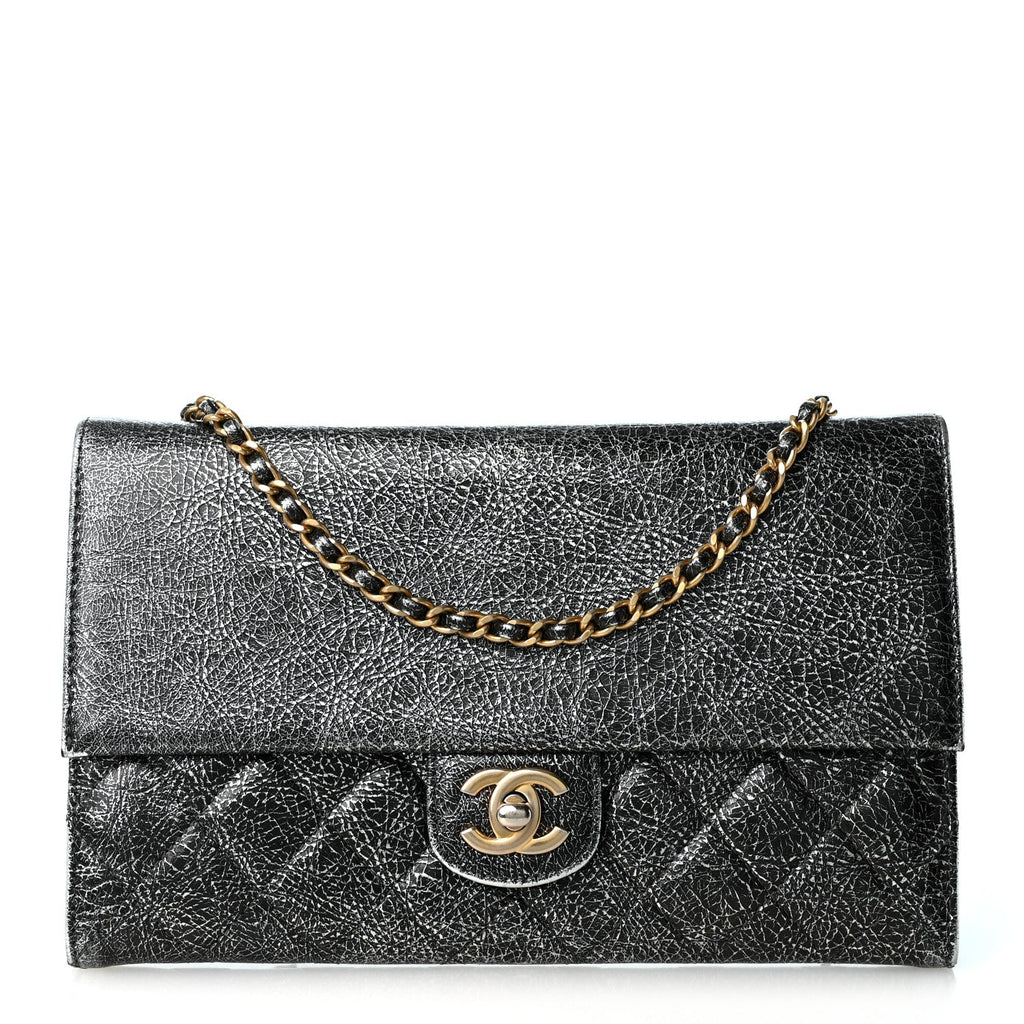 Cracked Metallic Calfskin Quilted Zip Away Chain Clutch Dark Silver