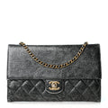 Cracked Metallic Calfskin Quilted Zip Away Chain Clutch Dark Silver
