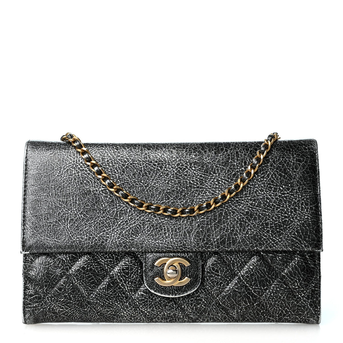 Cracked Metallic Calfskin Quilted Zip Away Chain Clutch Dark Silver