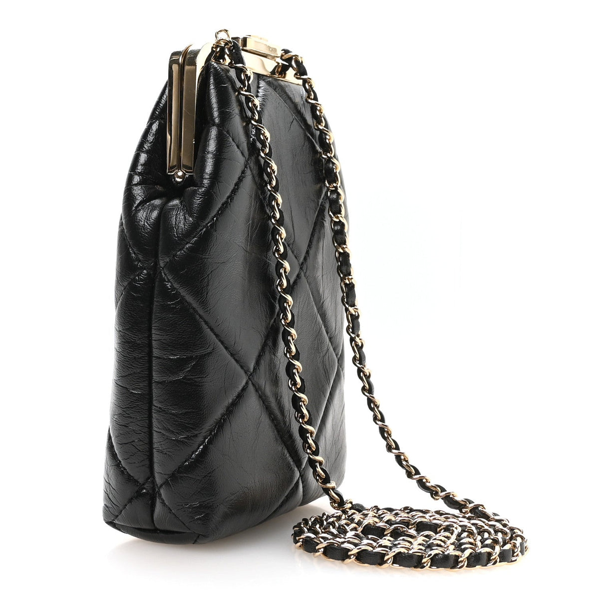 Shiny Aged Lambskin Quilted Kiss Lock Clutch With Chain Black
