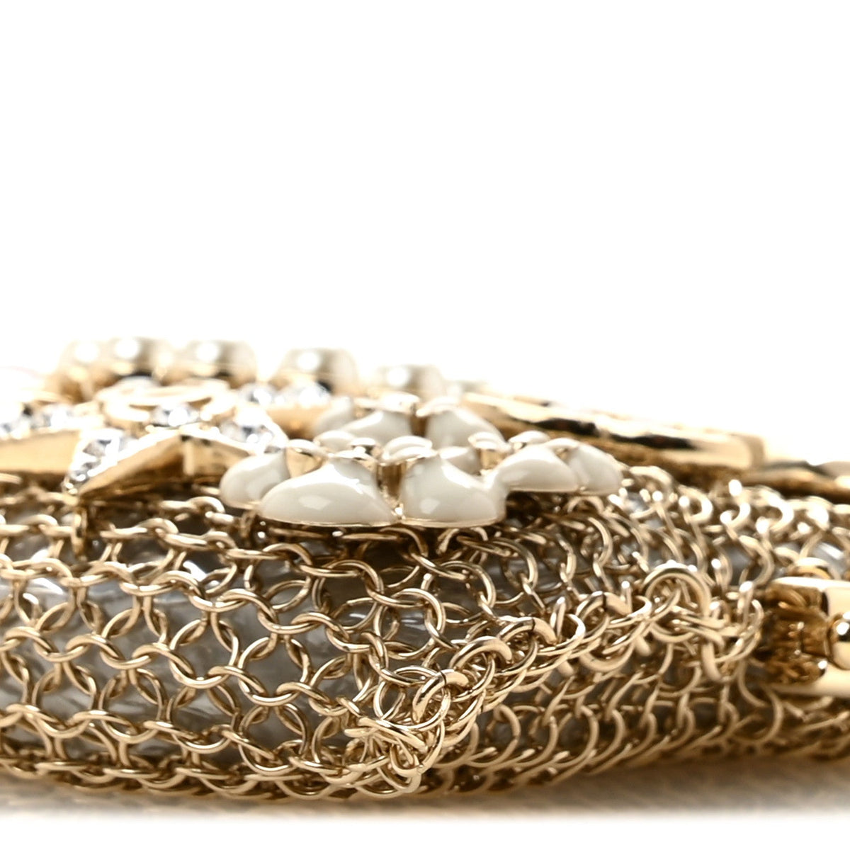 Metal Pearl Enamel Kiss Lock Chain Mail Charm Clutch Gold
