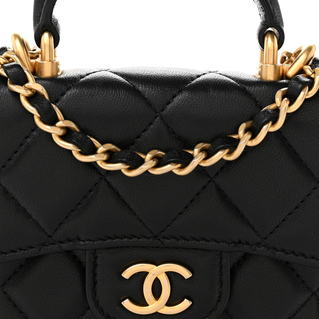 Lambskin Quilted Top Handle Flap Coin Purse With Chain Black