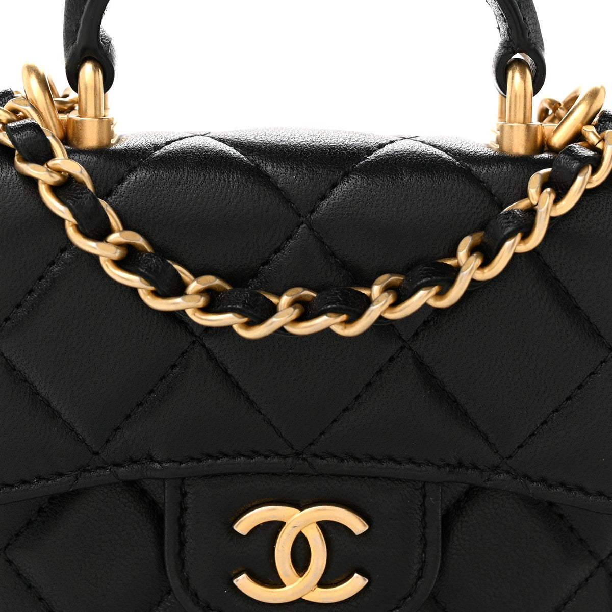 Lambskin Quilted Top Handle Flap Coin Purse With Chain Black