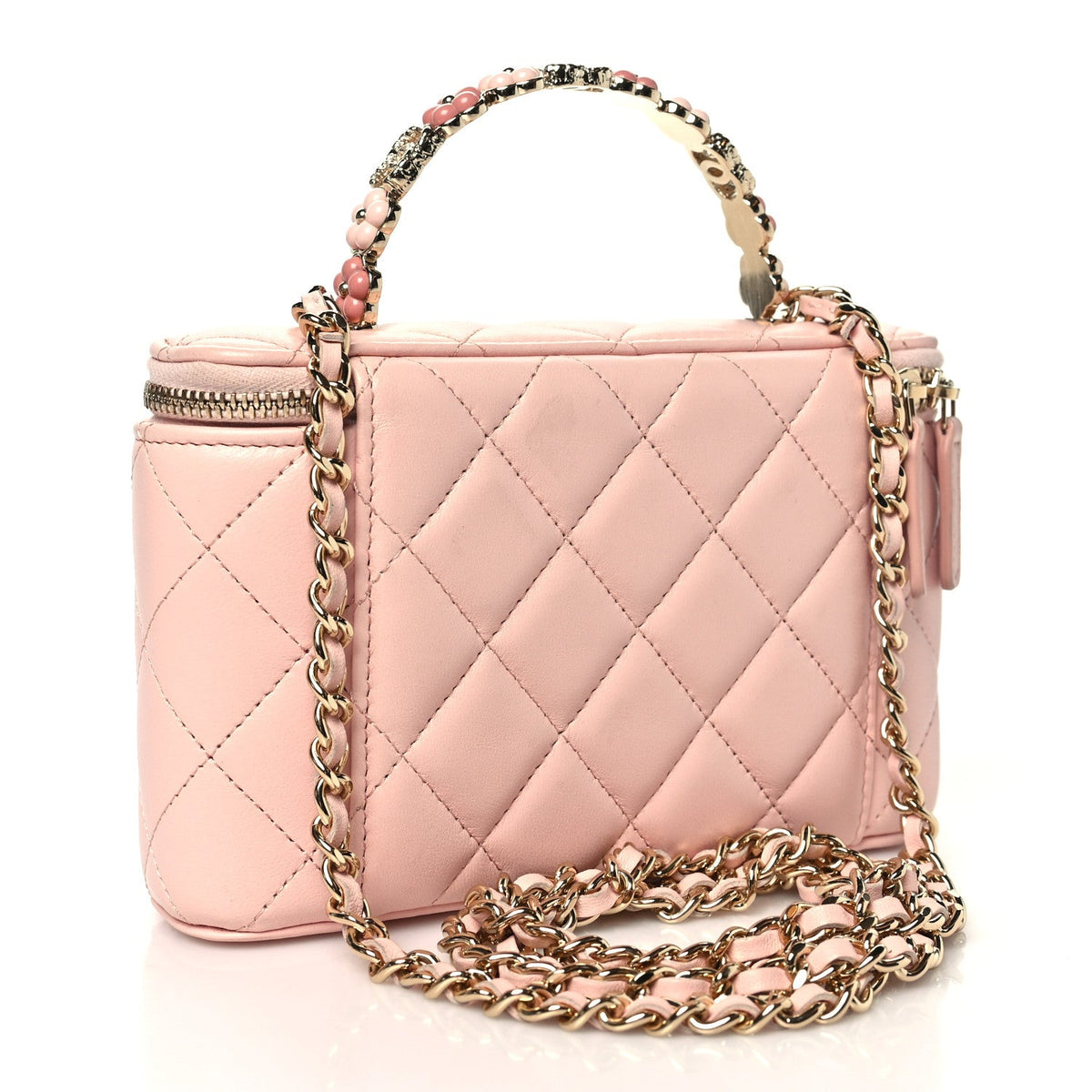 Lambskin Quilted Metal Enamel Flower Mini Top Handle Vanity Case With Chain Light Pink