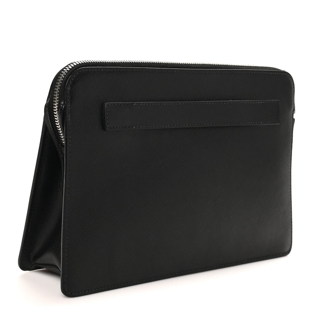 Saffiano Travel Metal Triangle Logo Slip Handle Wristlet Pouch Black
