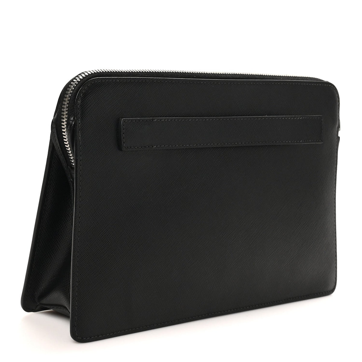 Saffiano Travel Metal Triangle Logo Slip Handle Wristlet Pouch Black