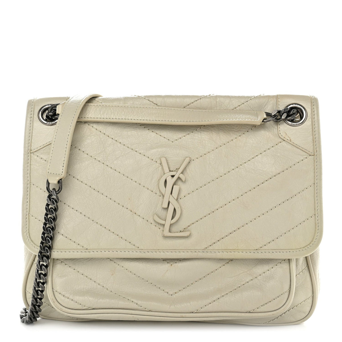 Crinkled Calfskin Matelasse Monogram Medium Niki Chain Satchel Ivory