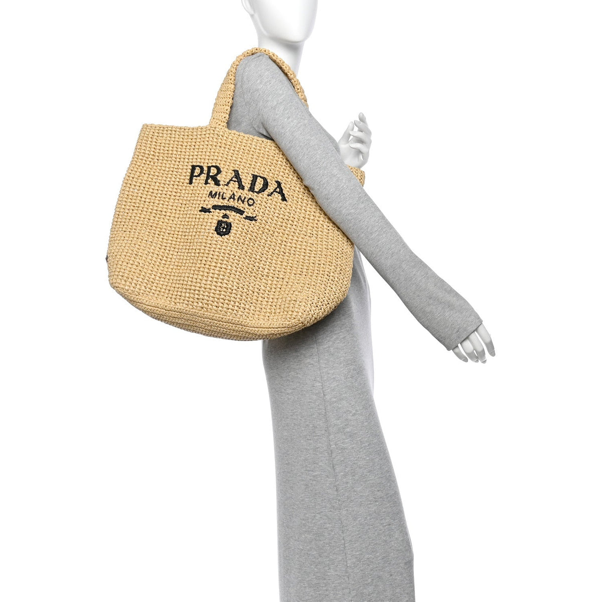Yarn Raffia Effect Crochet Embroidered Logo Tote Naturale