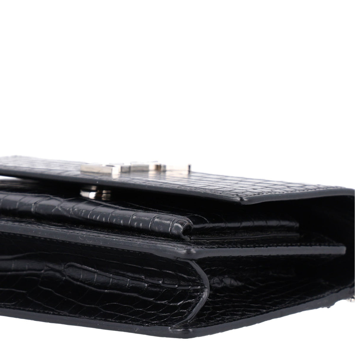 Calfskin Crocodile Embossed Monogram Sunset Chain Wallet Black