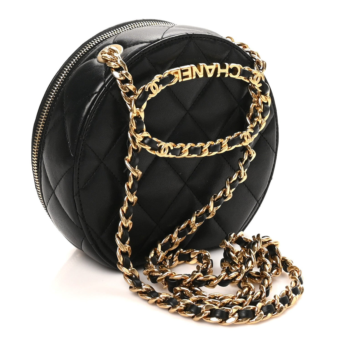 Lambskin Quilted Chain Logo Top Handle Small Round Black