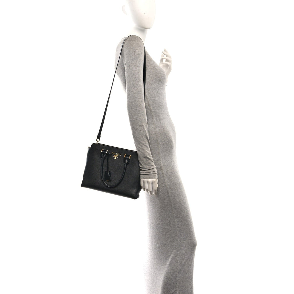 Saffiano Soft Calfskin Small Zippered Tote Black
