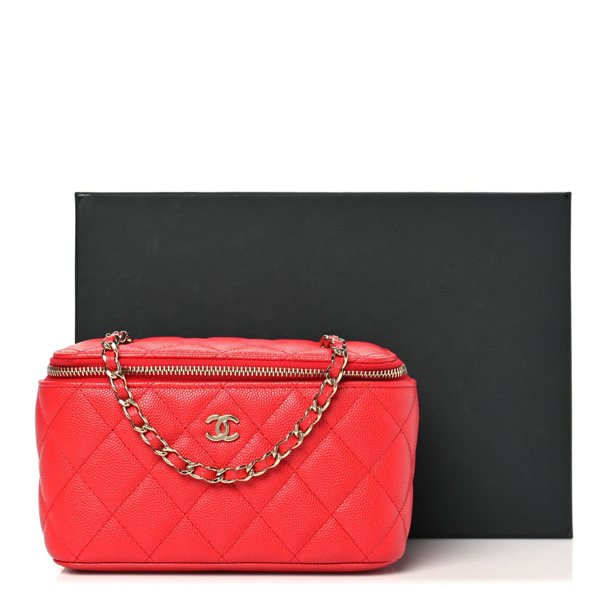 Caviar Quilted Small Vanity Case With Chain Red