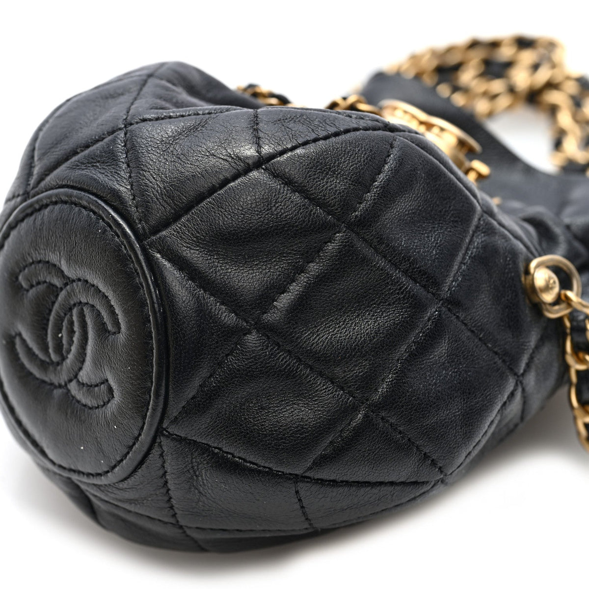 Shiny Lambskin Quilted Mini Drawstring CC Bucket Bag Black
