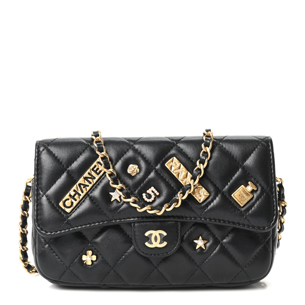 Lambskin Quilted Charm Flap Phone Holder With Chain Black