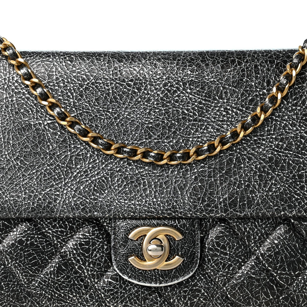 Cracked Metallic Calfskin Quilted Zip Away Chain Clutch Dark Silver
