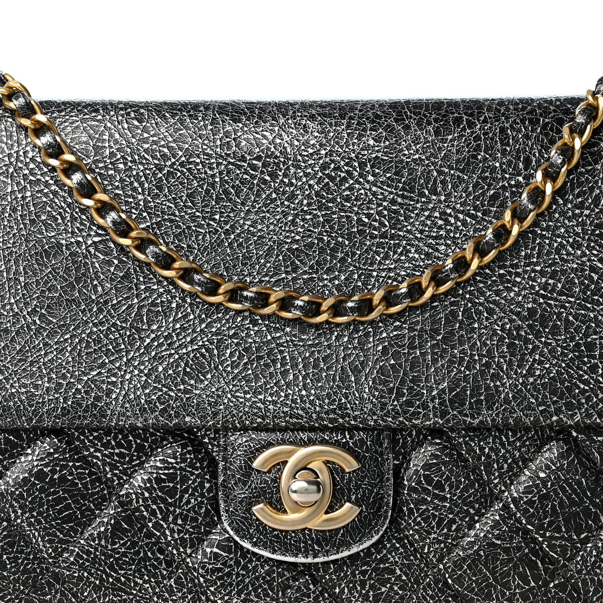 Cracked Metallic Calfskin Quilted Zip Away Chain Clutch Dark Silver