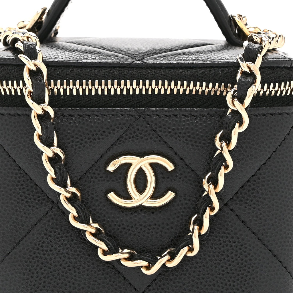 Caviar Quilted Top Handle Mini Vanity Case With Chain Black