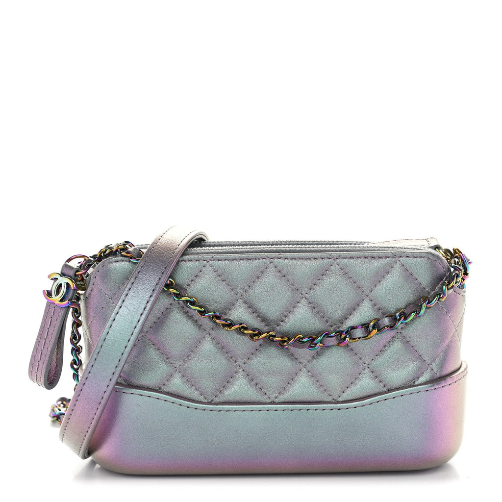 Iridescent Lambskin Calfskin Quilted Small Gabrielle Clutch With Chain Light Purple