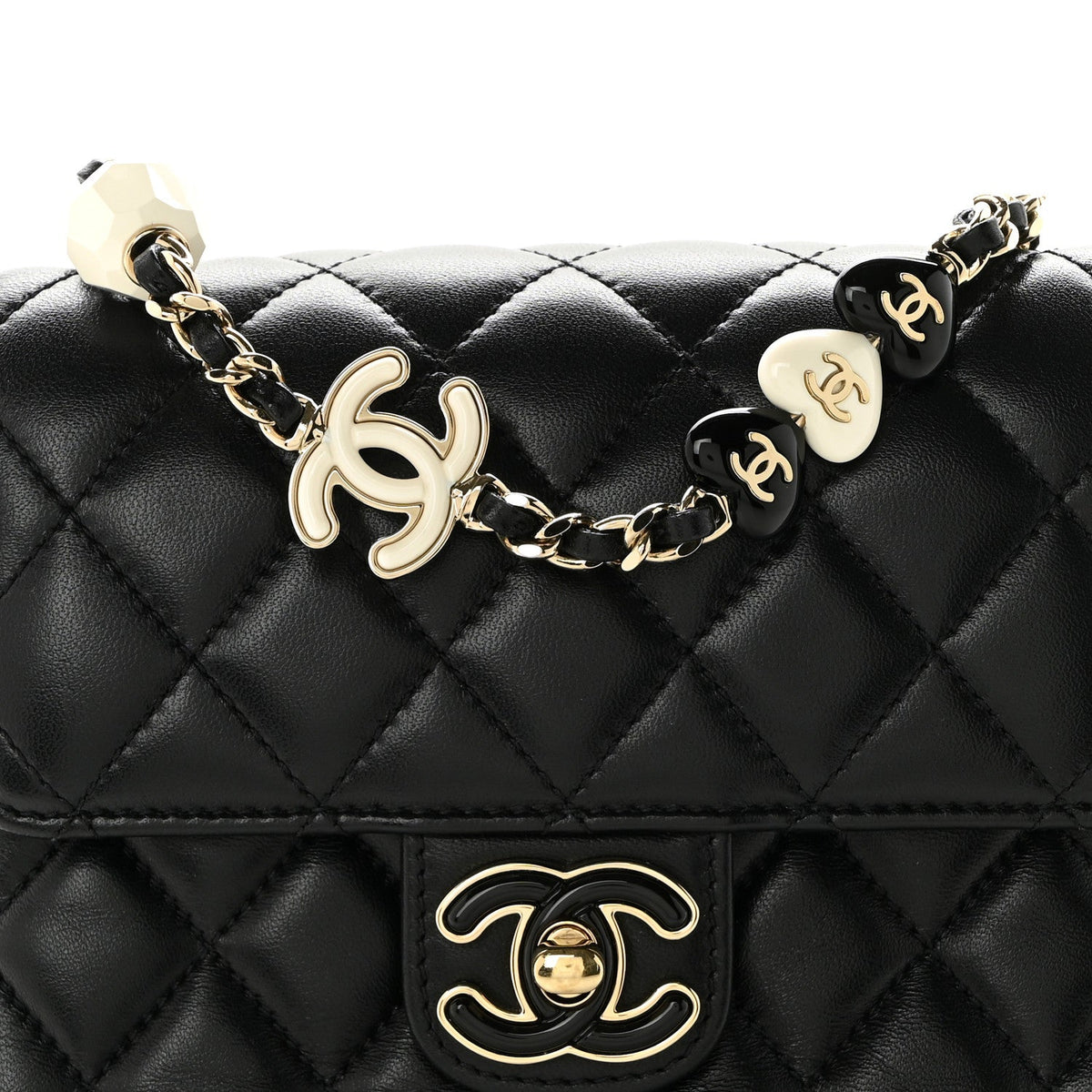Lambskin Resin Quilted Mini Heart Square Flap Black