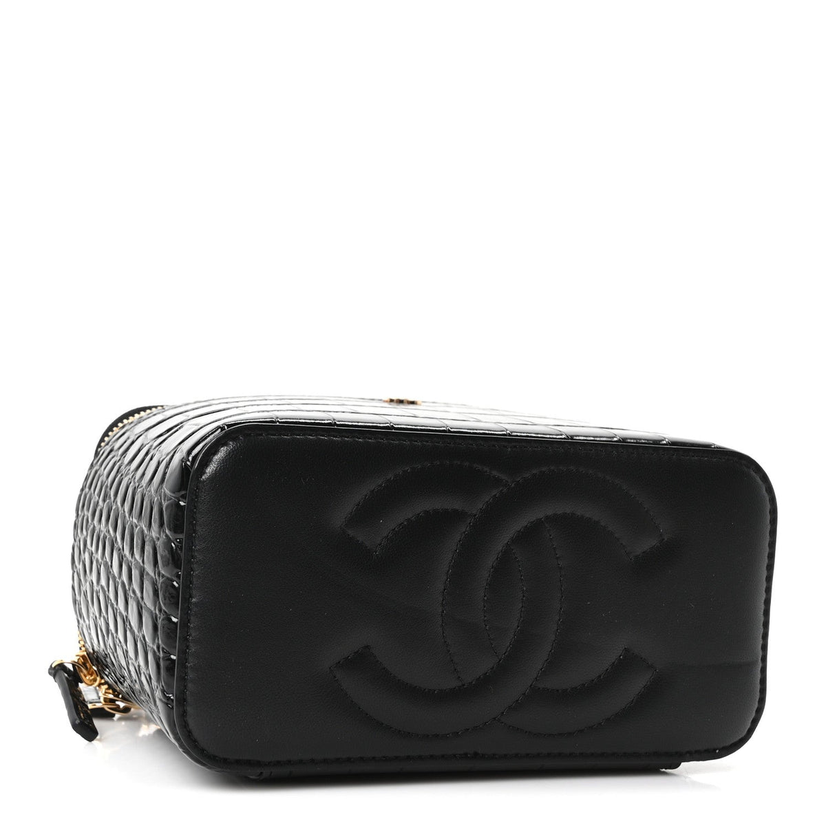 Calfskin Crocodile Embossed Crococo Small Top Handle Vanity Case With Chain Black