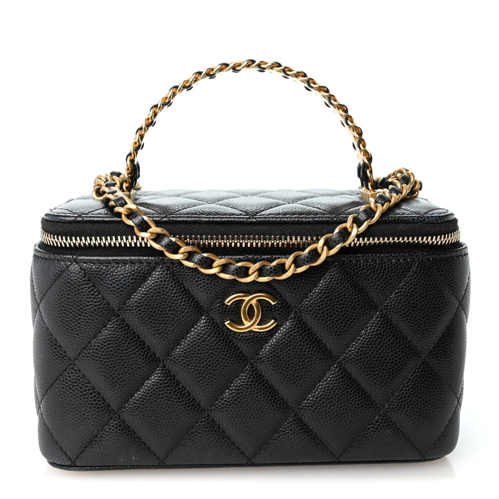 Caviar Quilted Chanel Way Top Handle Vanity Case With Chain Black