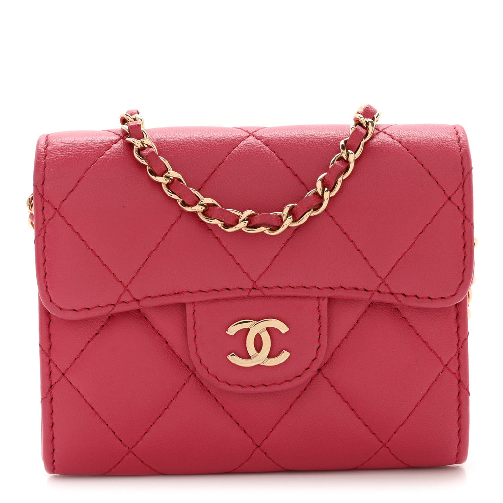 Lambskin Quilted Flap Card Holder On Chain Pink